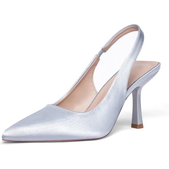 Women Silver Satin Pointed Closed Toe Slingback Mid Heels Stiletto Trendy Pumps - Picture 2 of 9